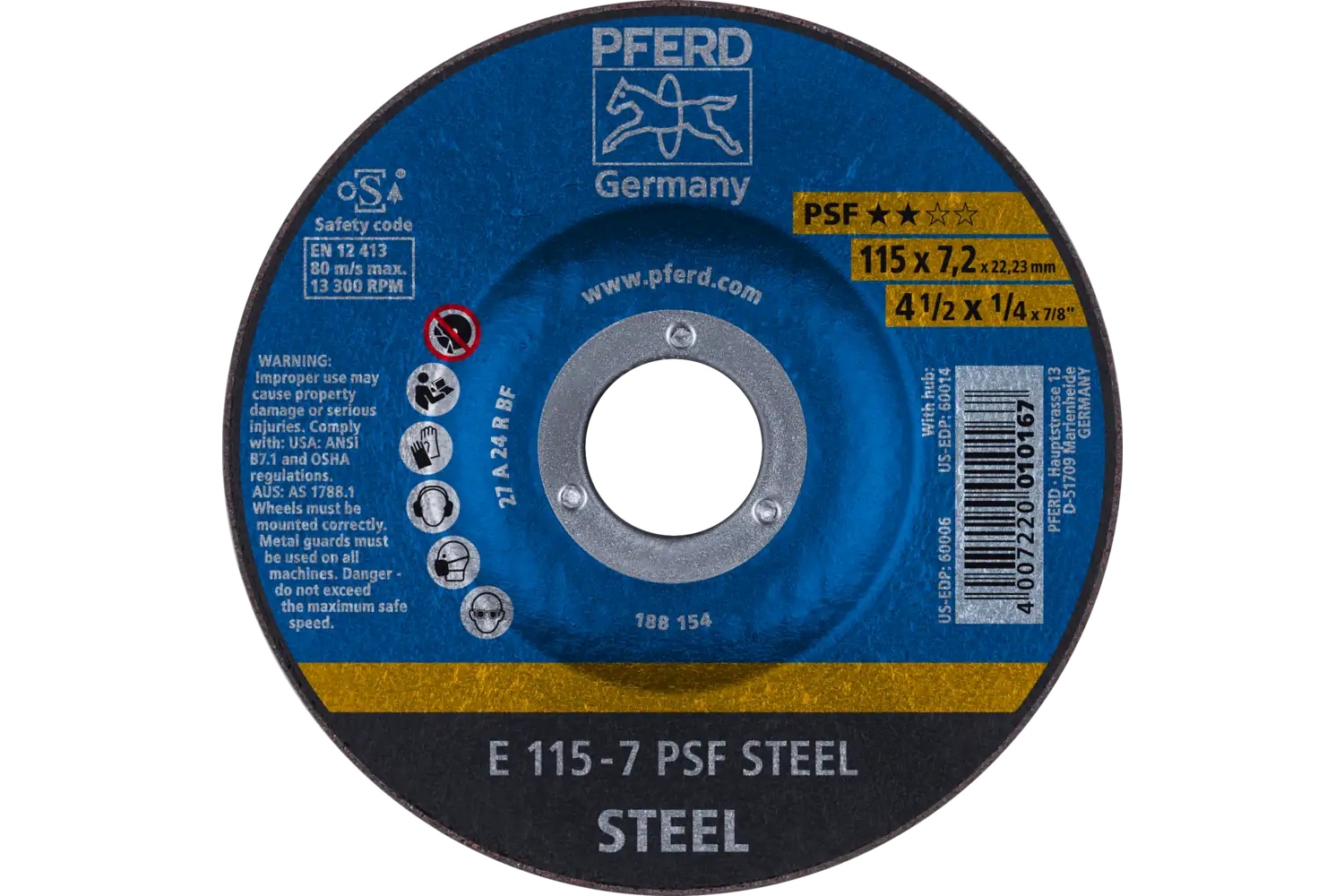 Picture of Pferd Grinding Wheel, 4-1/2" X 1/4 X 7/8, Psf Steel, T27, Aluminum Oxide